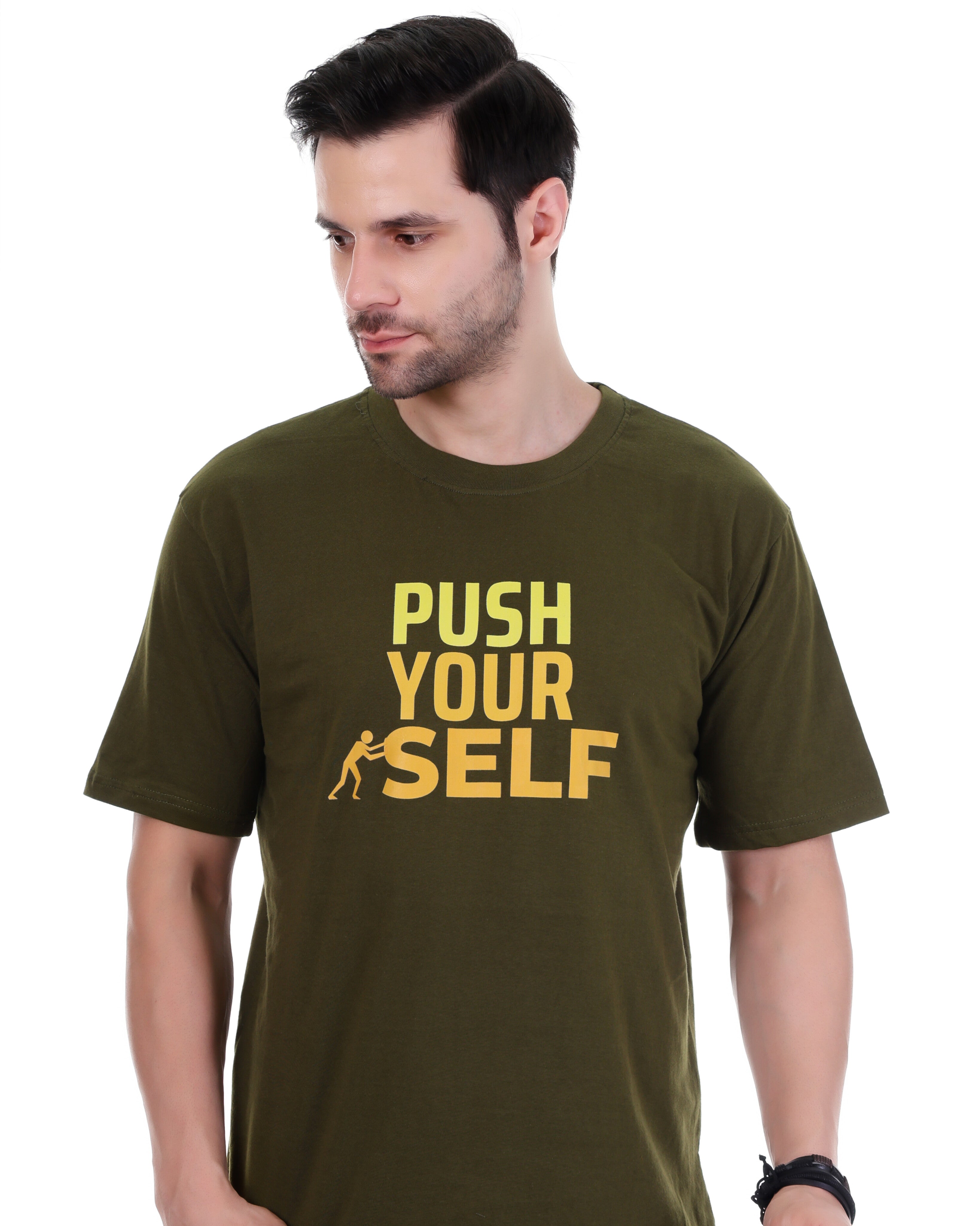 Men's Motivational Graphic T-Shirt – "Push Yourself" Slogan (Olive Green)